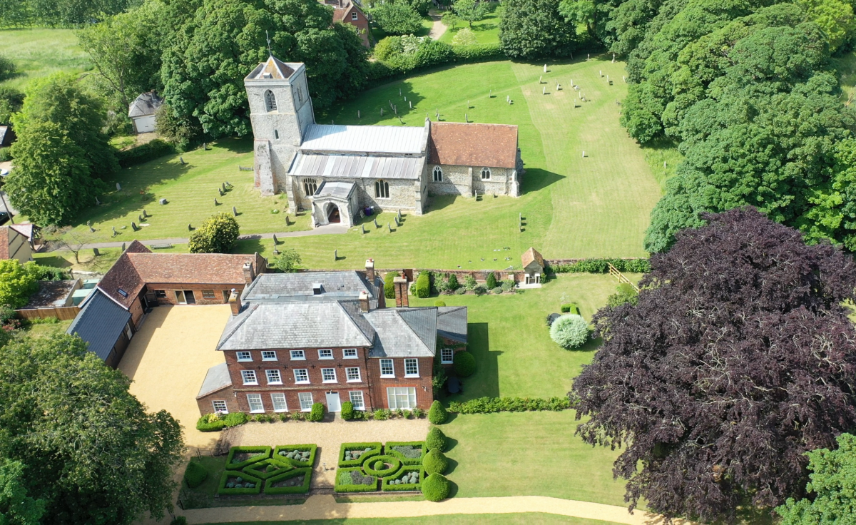 Sandon Manor - impressive ariel view of manor and church